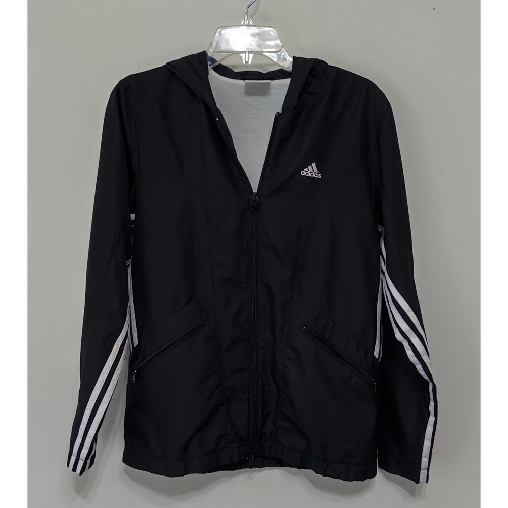 Adidas Mens‎ 3 stripe hoodie track jacket sz S Run black windbreaker full zip